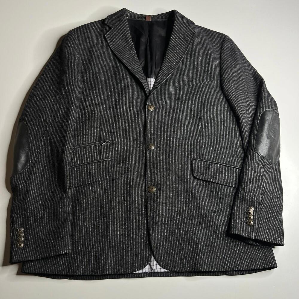 Kroon Luxury Tweed Blazer Jacket‎ Gray Pinstripe Elbow Patches Casual Smart L